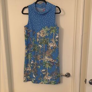 Blue Sleeveless Tropical Print Dress